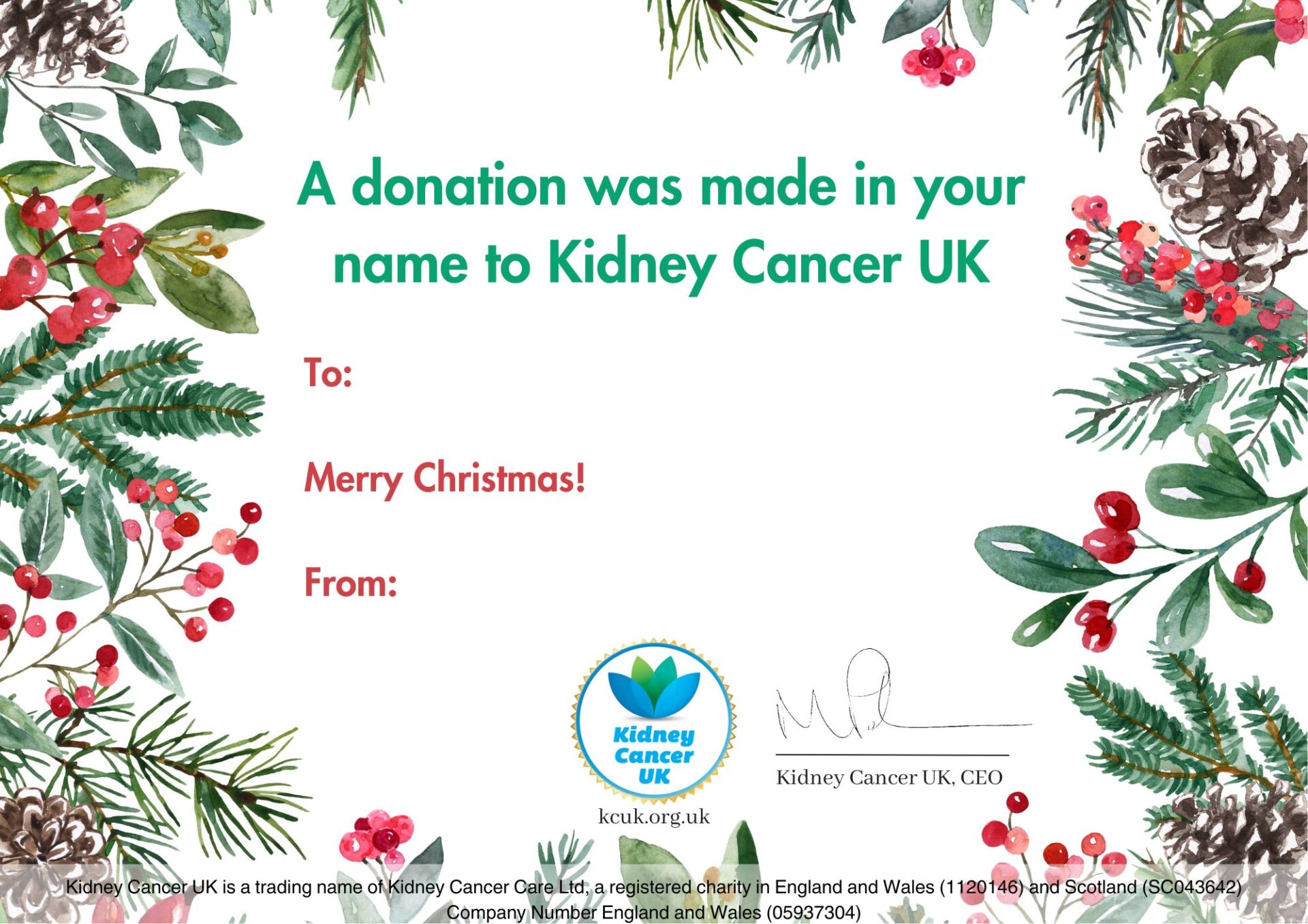 Kidney Cancer UK Christmas Donation Certificate